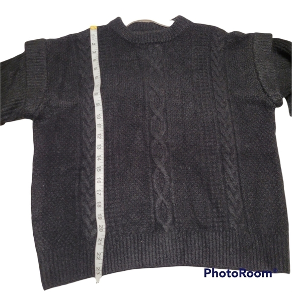 Elan Black Ruffle Drop Shoulder Long Sleeve Cable Knit Sweater Size Medium - Picture 6 of 8